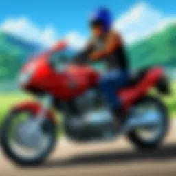 A vibrant scene depicting characters from Bakuon riding their motorcycles against a backdrop of scenic Japanese landscapes.