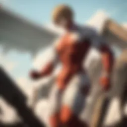 A detailed illustration of the colossal titan towering over a cityscape