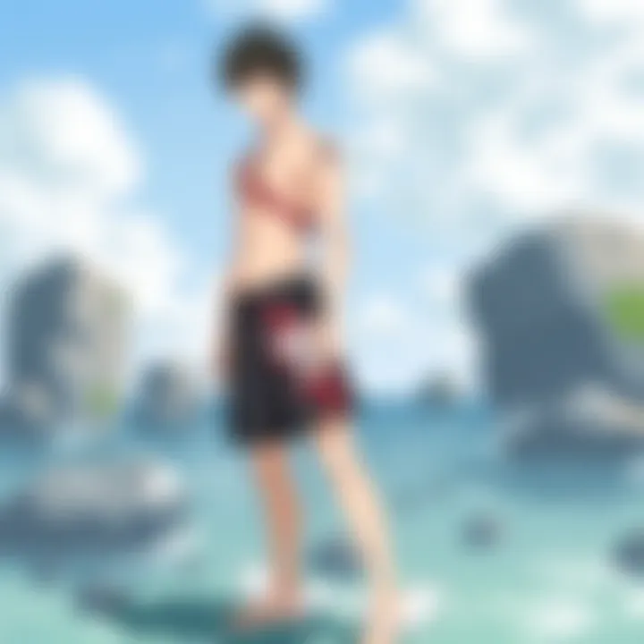 Detailed Design of Giyuu Swim Trunks Close-up of the Giyuu swim trunks design under sunlight