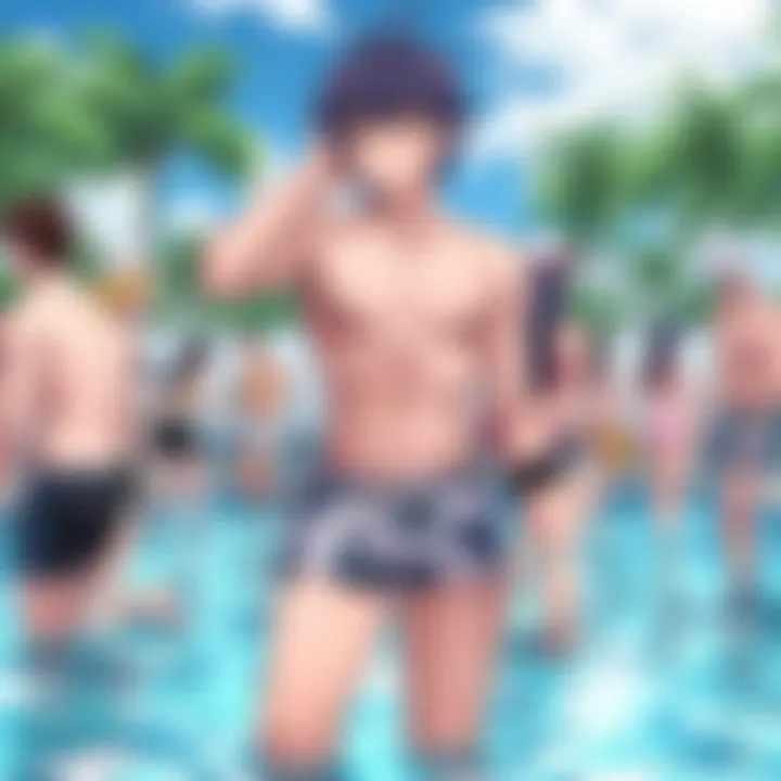 Anime Fans in Giyuu Swim Trunks at Pool Party A group of anime fans wearing Giyuu swim trunks at a pool party