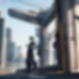 A futuristic robot train gliding through a modern urban landscape