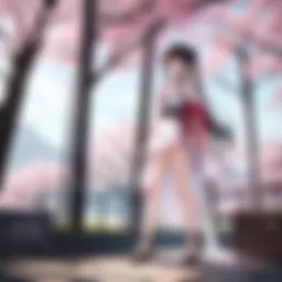 A serene moment between a female character and her cat under cherry blossoms