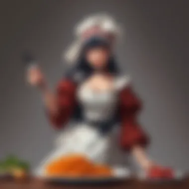 A vibrant manga panel depicting a kitchen scene with a passionate character.