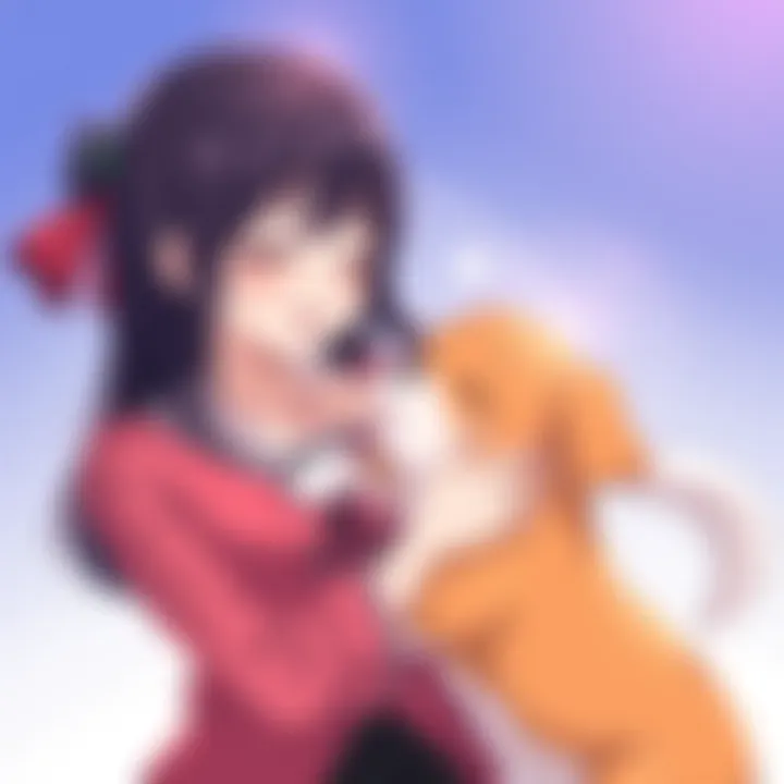 A tender moment shared between a character and their pet in an anime setting.