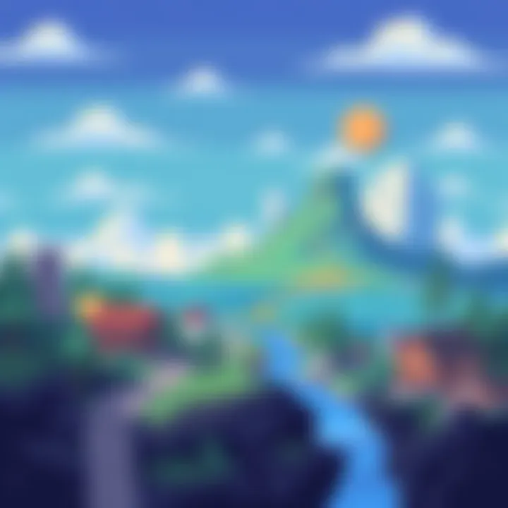 A vibrant pixel art landscape depicting a fantasy world