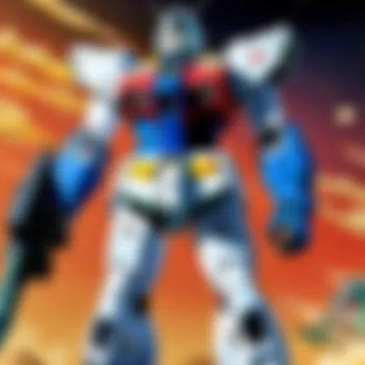 A stunning depiction of the iconic Mobile Suits in battle, showcasing their intricate designs and dynamic poses.