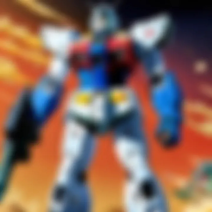 A stunning depiction of the iconic Mobile Suits in battle, showcasing their intricate designs and dynamic poses.