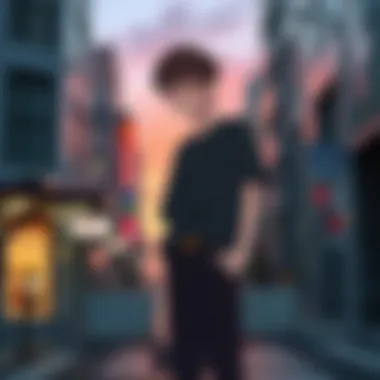 Urban Expression of Anime Fandom A model wearing a subtle anime t-shirt in an urban setting.