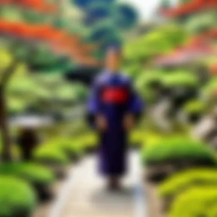 A scenic depiction of a historic Japanese garden showcasing murasaki flowers.