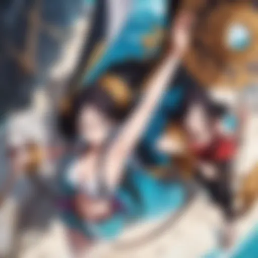 A vibrant illustration showcasing the Straw Hat Pirates in a dramatic confrontation.