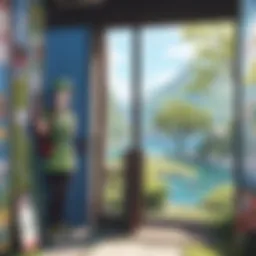 A scenic landscape showcasing a Pokémon Ranger in action, interacting with various Pokémon.