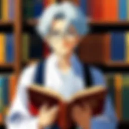 A character engrossed in a thick book surrounded by a serene library