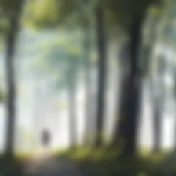 A tranquil forest with sunlight filtering through the trees, creating a peaceful atmosphere.